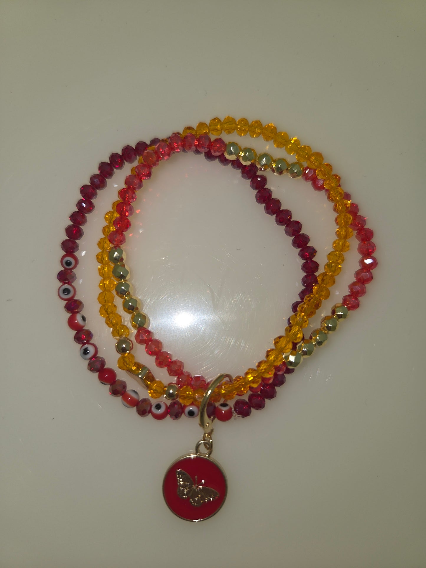Orange Red Enamel Butterfly Charm Round Glass Evil Eye Triple Layer Multi-strand
