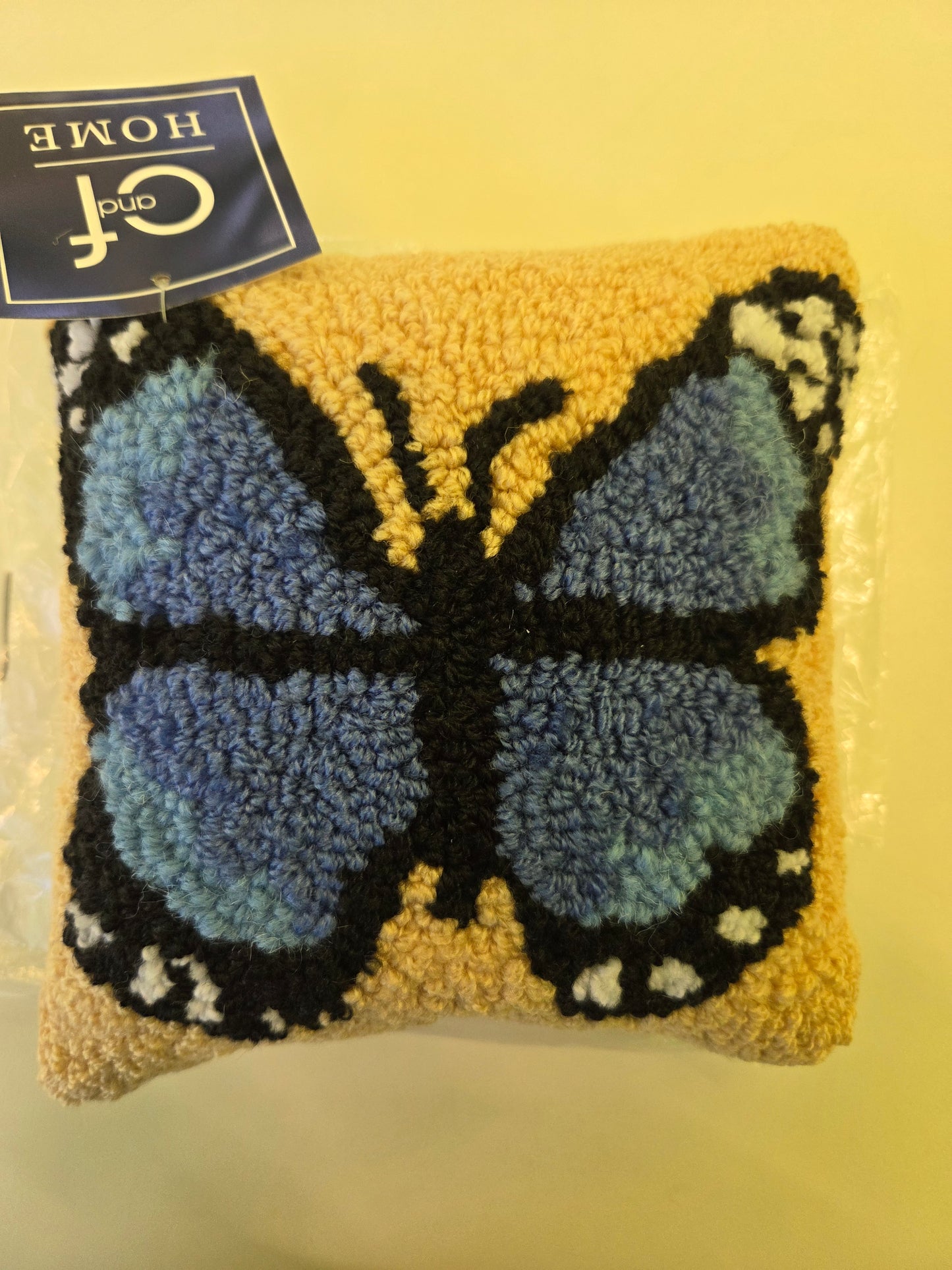 Blue Butterfly Hooked Pillow
