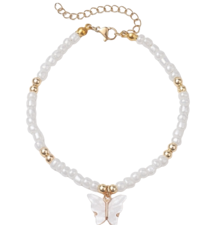 Butterfly Alloy Acrylic Charm Bracelet with White Glossy Bead and Gold Beads