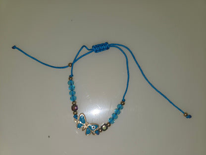 Bohemian Style Braided Clear Bead Bracelet Adjustable Butterfly with Evil Eye Link Assorted Colors