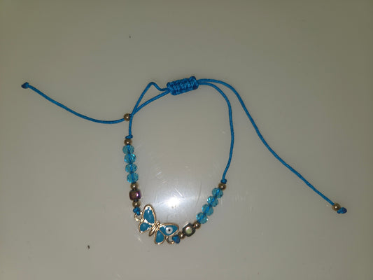 Bohemian Style Braided Clear Bead Bracelet Adjustable Butterfly with Evil Eye Link