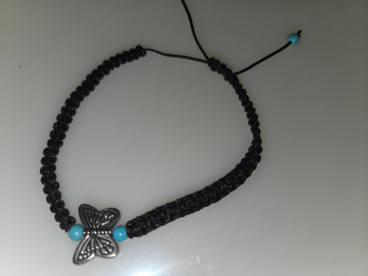 Black threaded band with turquoise beads with Silver butterfly charm