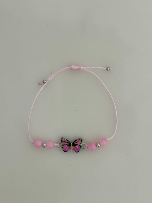 Pink Nylon Bracelet with Pink Alloy Butterfly Link Adjustable Bracelet