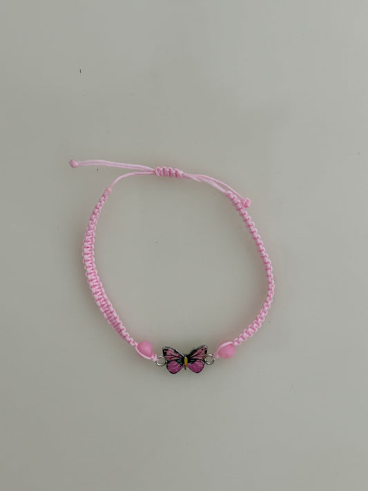 Adjustable Pink Nylon Braided Bead Bracelet with Alloy Butterfly Link
