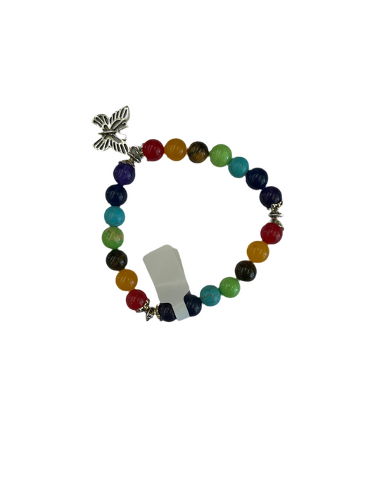 Rainbow Beaded Bracelet with Silver Butterfly Charm