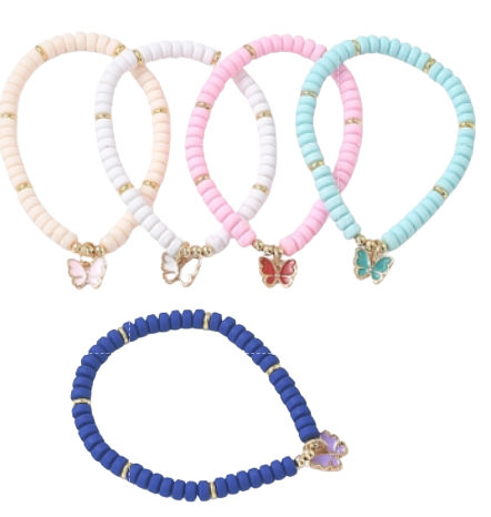 Mixed Color Clay Beads Stretch Bracelet with Butterfly Alloy Enamel Charm