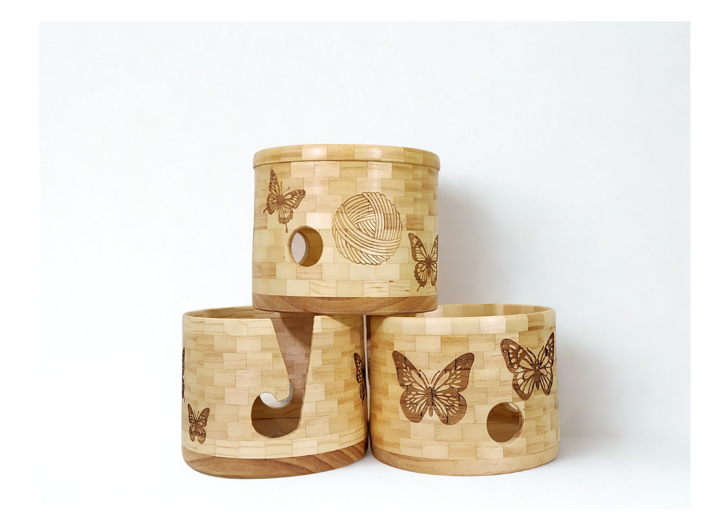 Handmade Wooden Crochet Bowl with Butterfly print