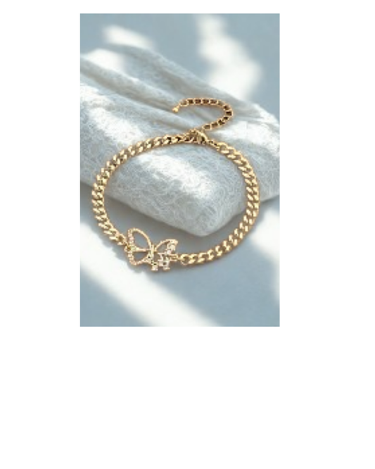 Brass Curb Chain Link Bracelet with Clear Cubic Zirconia Butterfly Charm