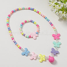 Colorful Plastic Beaded Butterfly Necklace & Bracelet Jewelry Kid Set